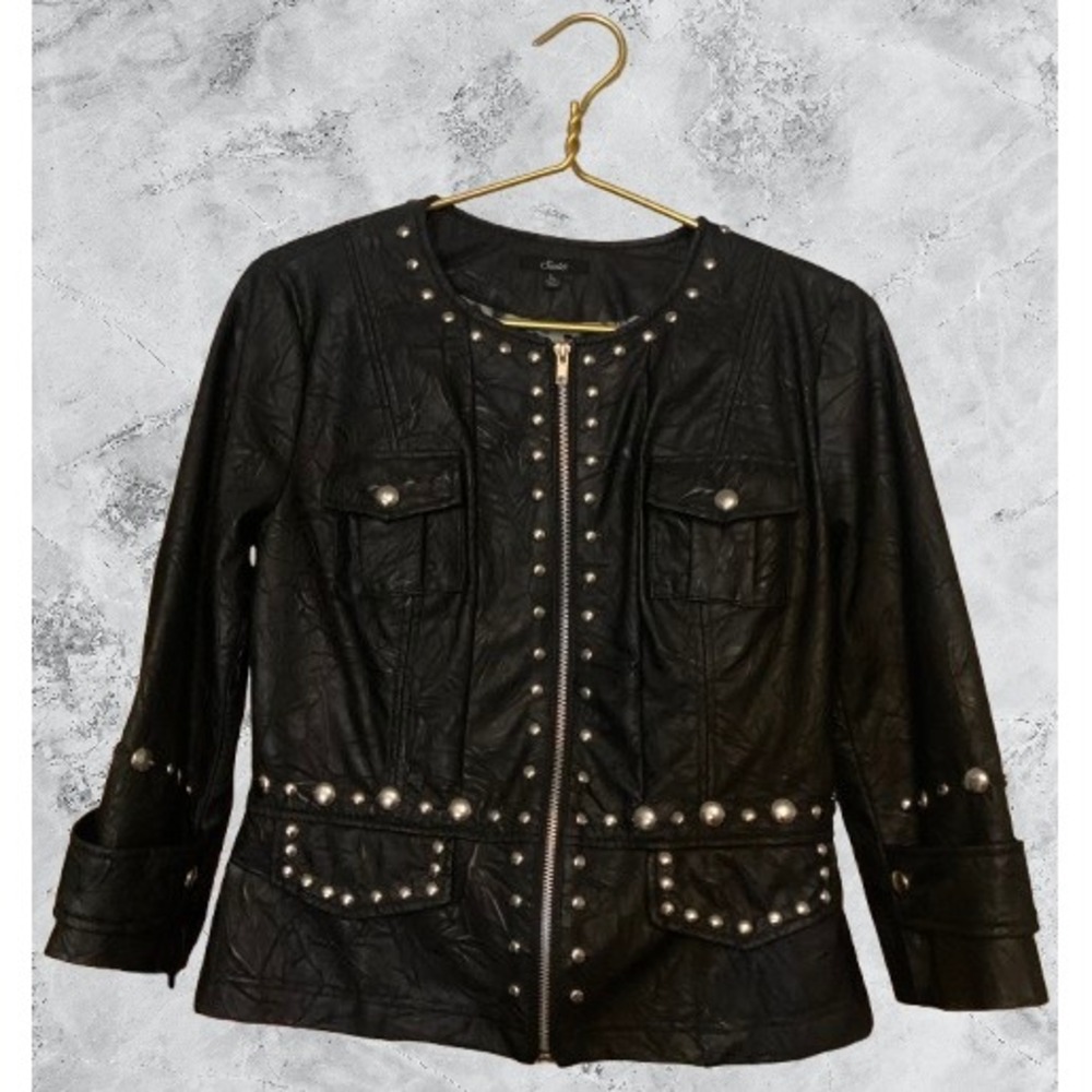 Sele Women's Black Studded Faux Leather Jacket‎ Blazer Jacket Size L